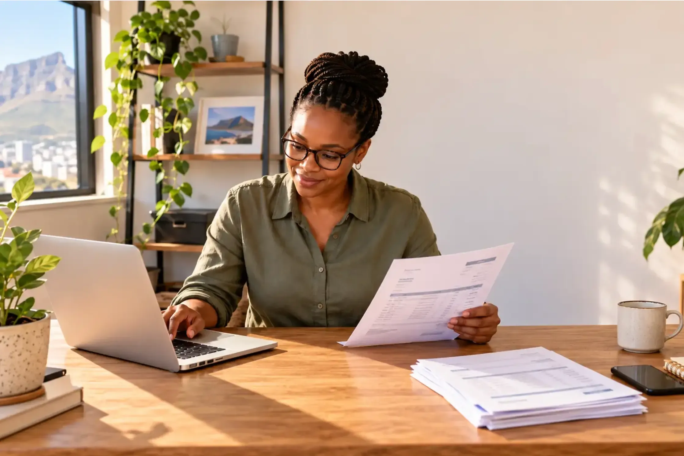 A Black woman in glasses reviews documents while typing on a laptop at her desk.